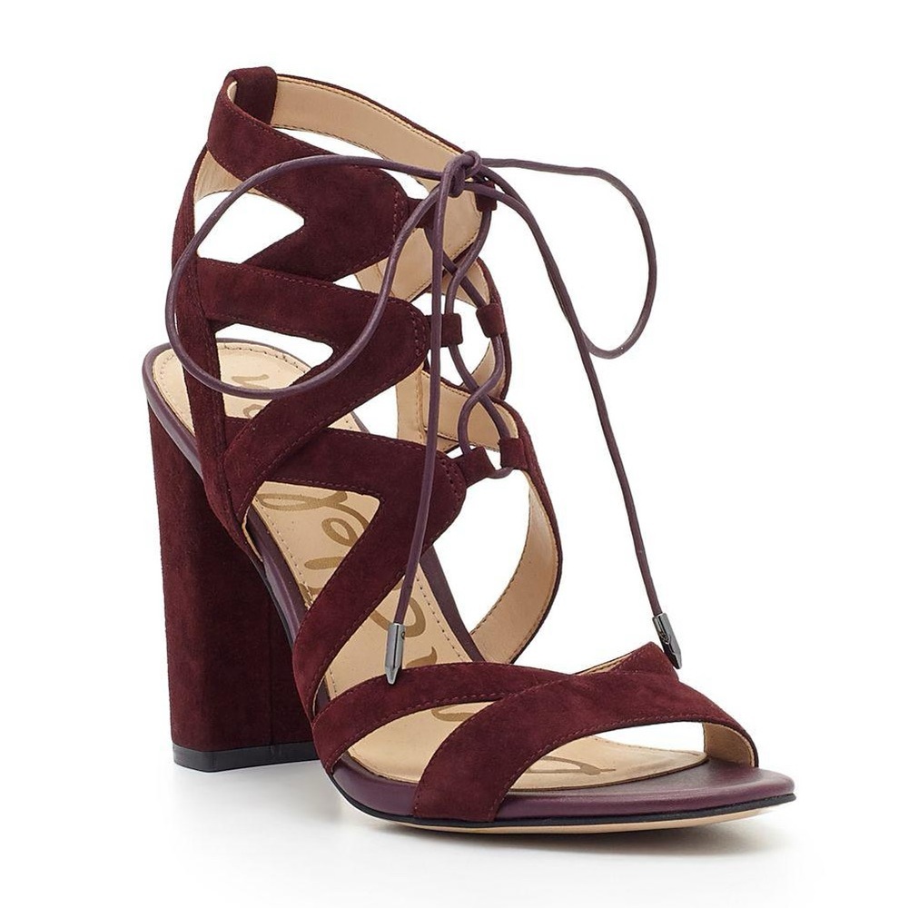Sam Edelman Yardley Lace-up Suede Block Heel Sandals in Burgundy, Size 8.5